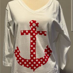 White V-Neck Top with Red Polka Dot Anchor